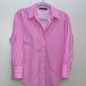 Zara Pink and White Striped Collared Shirt
